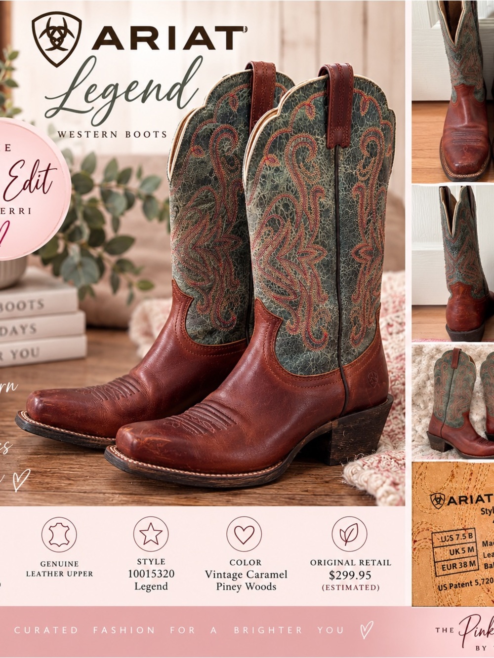 Ariat Women’s Legend Western Cowboy Boots 7.5B Caramel Pine Green Leather
